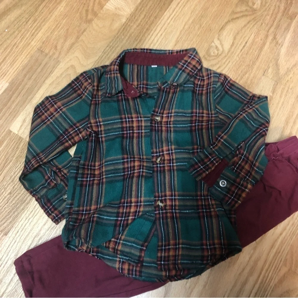 3T Plaid Christmas Outfit Boys Green Red Button Down Shirt Pants